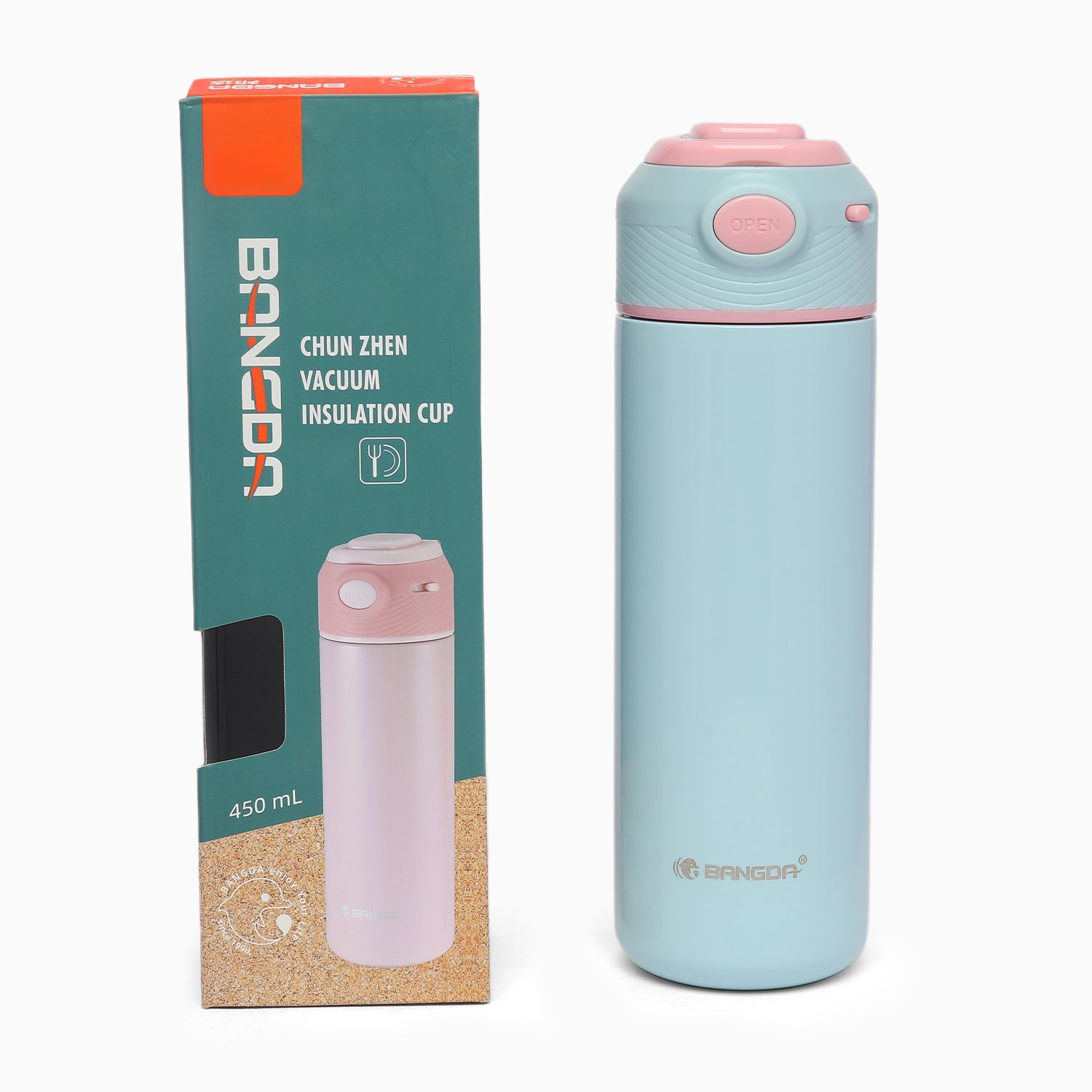 Premium quality vacuum stainless steel insulated sipper bottle lockable popup lid- 450ml (baby blue) - Kidspark